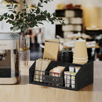 Coffee Station Organizer for Countertop, Wood Coffee Bar Organizer with Removable Dividers for Pods, Syrup, Cups, Stirrer, Tea - Office Bar Accessories, Iron Wire-Black