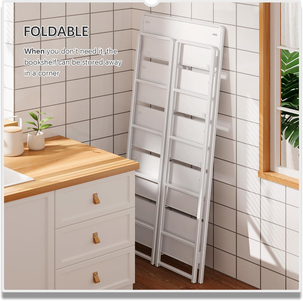 4NM No Assembly 5 Tier Folding Bookshelf Tall Storage Shelves Vintage Bookcase Standing Racks for Bedroom Living Room Home Office