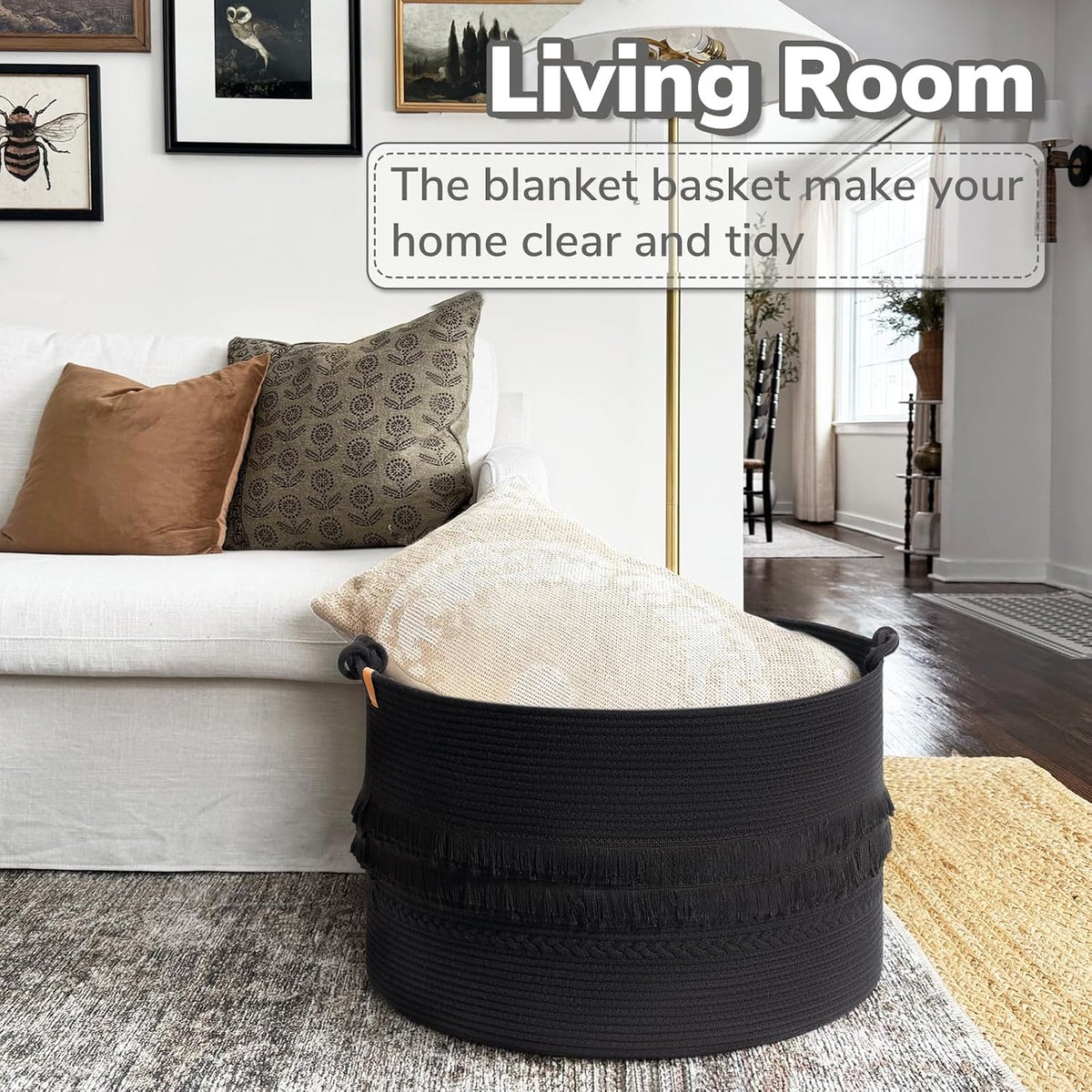 CherryNow 90L Large Woven Rope Blanket Basket with Tassel, 22" x 14", Black