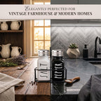 Farmhouse Salt and Pepper Shakers Set, A Cute Premium Glass Shakers with Holder and Stainless Steel Lids, Perfect for Adding a Vintage Kitchen Decor Charm, Great as a Gift (Black & White)