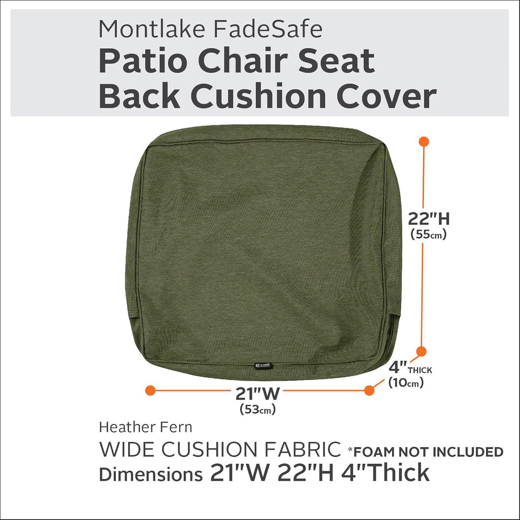 Classic Accessories Montlake Water-Resistant 21 x 22 x 4 Inch Outdoor Back Cushion Slip Cover, Patio Furniture Cushion Cover, Heather Fern Green, Patio Furniture Cushion Covers
