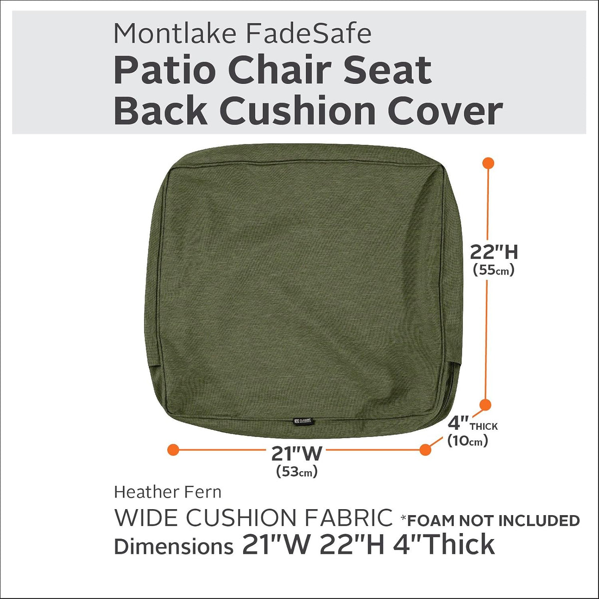 Classic Accessories Montlake Water-Resistant 21 x 22 x 4 Inch Outdoor Back Cushion Slip Cover, Patio Furniture Cushion Cover, Heather Fern Green, Patio Furniture Cushion Covers