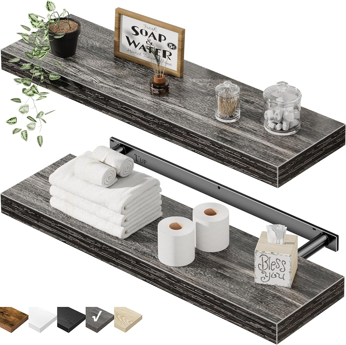 QEEIG Bathroom Long Floating Shelves for Wall (Grey, Set of 2, 23.6")