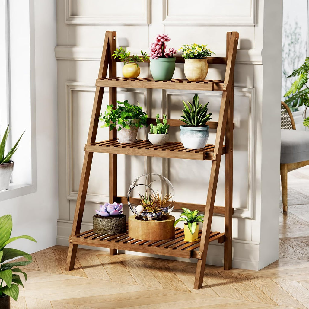 Ladder Shelf, Foldable Plant Shelf Stand, 3-Tier Bamboo Bookshelf, 39.4In