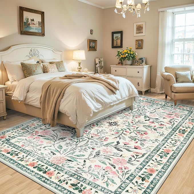 8x10 Area Rugs for Living Room: Floral Washable Rug Vintage Large Soft Boho - Image 3