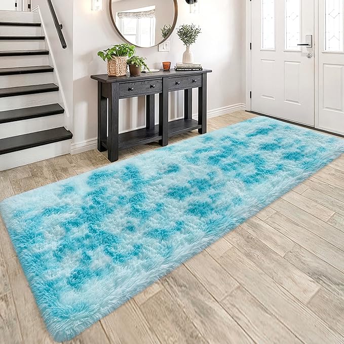 Tie-Dyed Sky Blue 3x10 Machine Washable Runner Rugs by JiaoBaba