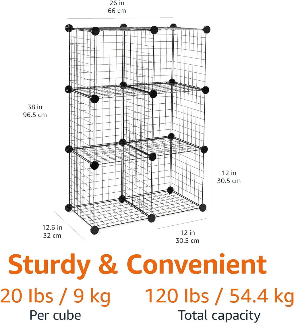 Amazon Basics 6-Cube Wire Grid Stackable Storage Organizer, Metal Shelving Unit, No-Tool Assembly, 26"W x 38"H x 12.6"D, Black