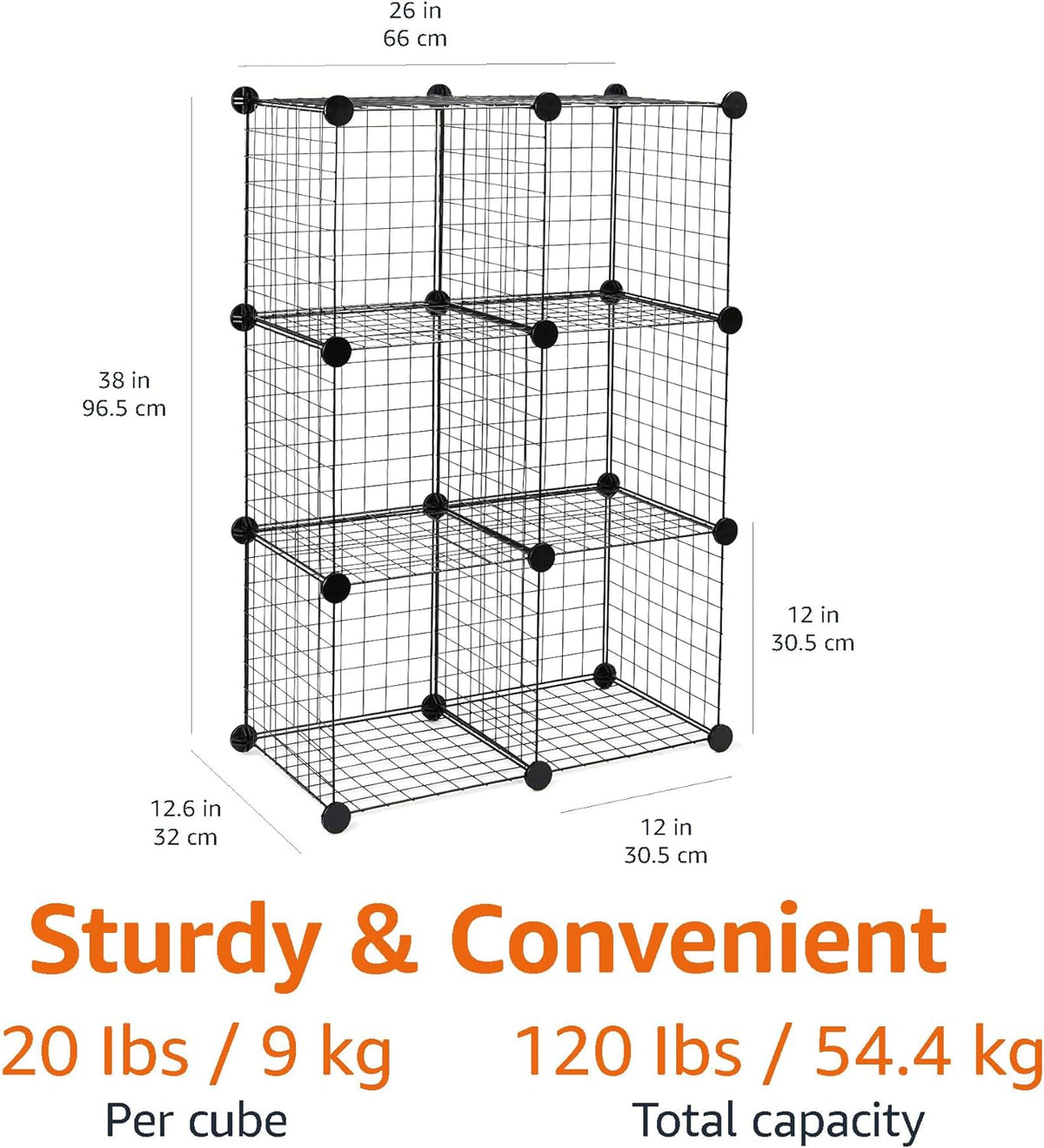Amazon Basics 6-Cube Wire Grid Stackable Storage Organizer, Metal Shelving Unit, No-Tool Assembly, 26"W x 38"H x 12.6"D, Black