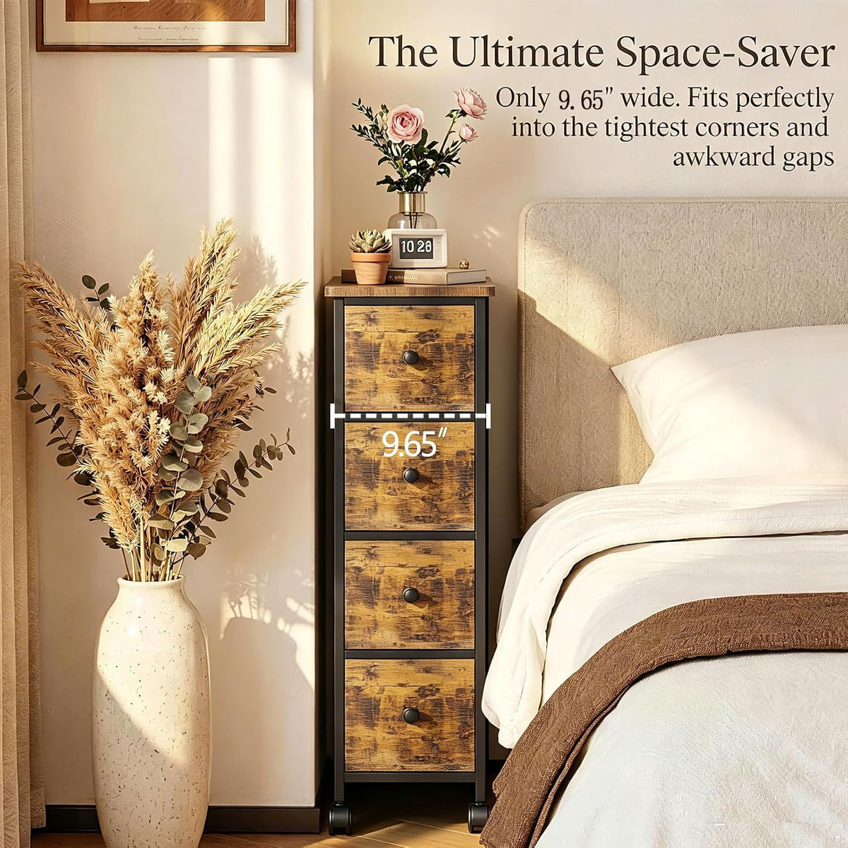 Narrow Nightstand with 4 Drawers, Slim Bedside Table for Small Space