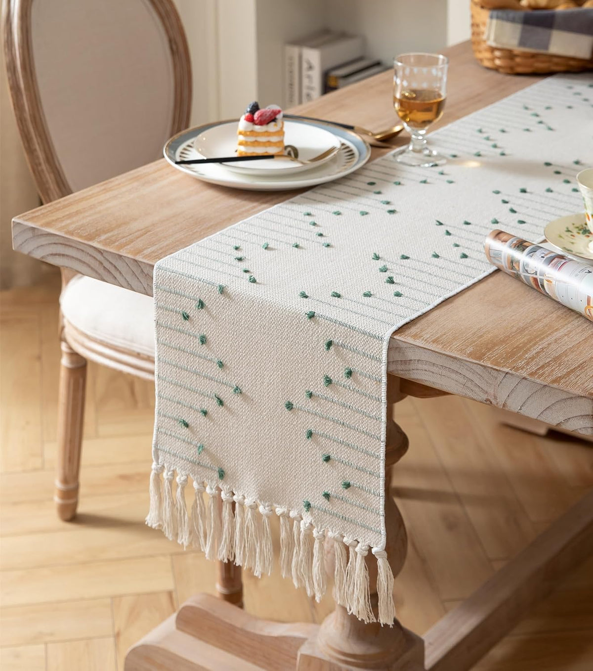 Caflife Green Beige Cotton Linen Rustic Boho Table Runner 13 x 90 Inch Long
