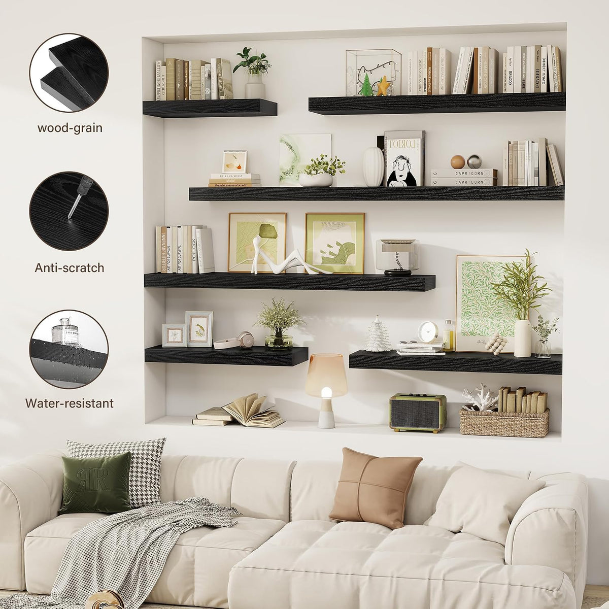 Acovy 30 Inch Floating Shelves, 12" Deep Floating Shelf Wall Mounted, 30" Wall Shelves, Rustic Deep Bookshelf, Extra Deeper & Thicker Display Shelves for Bedroom, Living Room, Black, Set of 2