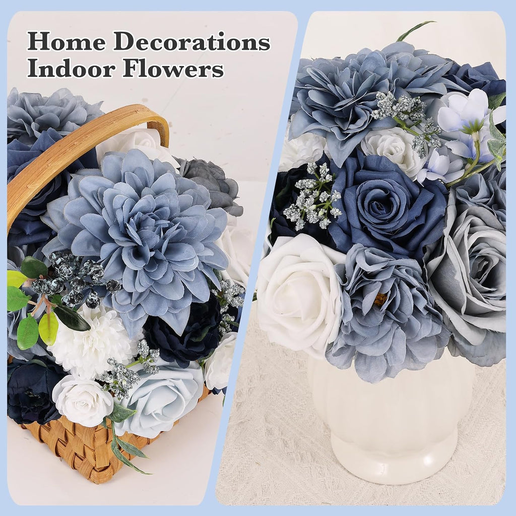 Artificial Flowers Combo Dusty Blue Silk Fake Flower Box Set for Wedding Bridal Roses Bouquets Baby Shower Birthday Party Decorations DIY Floral Centerpieces