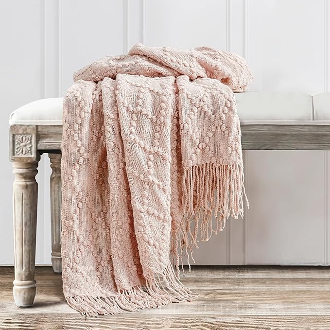 BOURINA Pink Throw Blanket 50 x70 Inches Jacquard Argyle Throw Textured Solid - Image 5