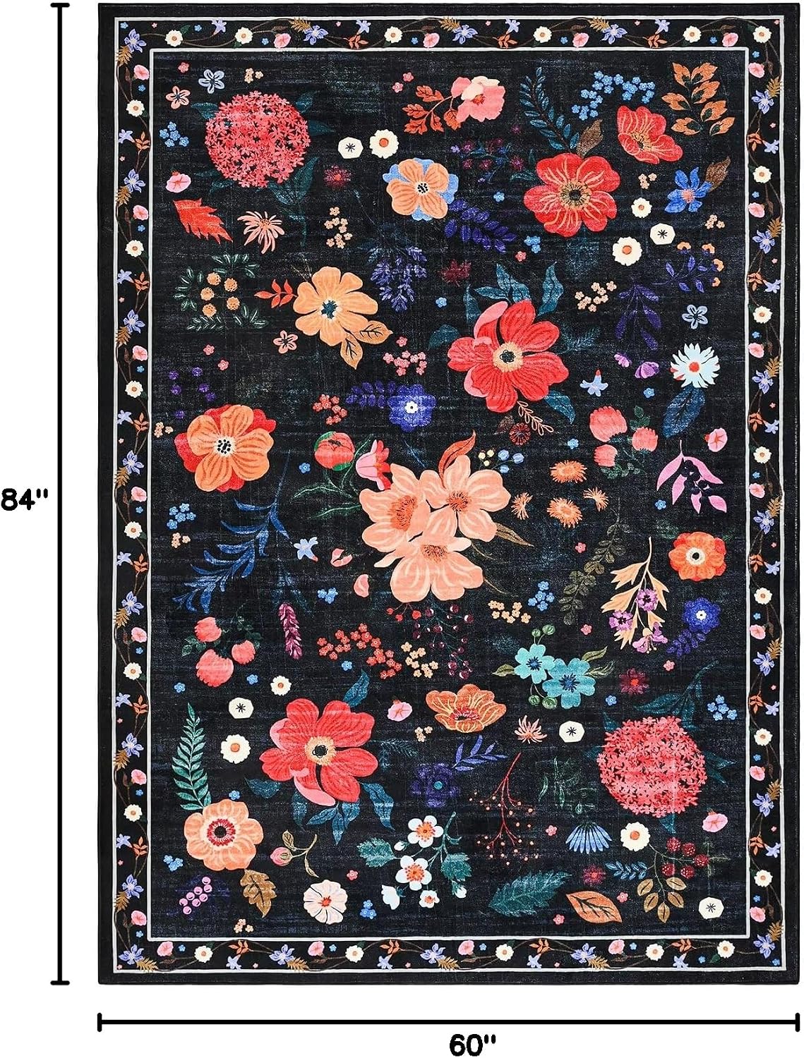 Macgace Floral Area Rug for Living Room, Machine Washable 5x7 Black Rugs