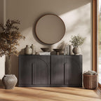 BELLEZE 65 Inch Fluted Buffet Cabinet with Storage, Symmetrical Arc Accent Sideboard Large Console Table for Dining Room, Kitchen, and Living Room (Caramel Brown)