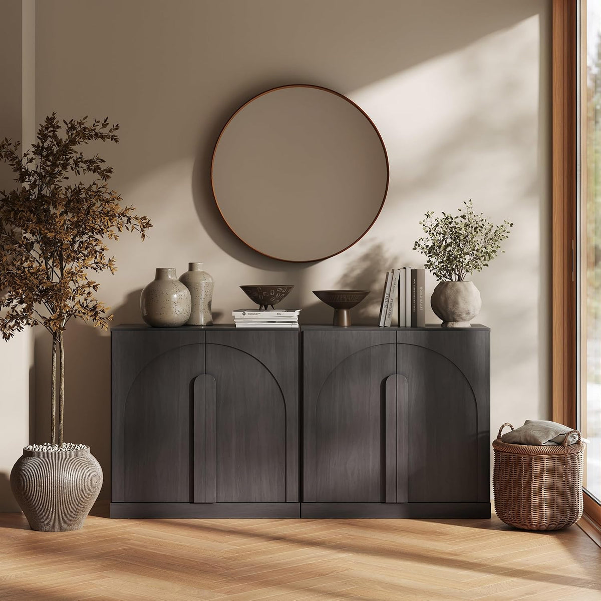 BELLEZE 65 Inch Fluted Buffet Cabinet with Storage, Symmetrical Arc Accent Sideboard Large Console Table for Dining Room, Kitchen, and Living Room (Caramel Brown)