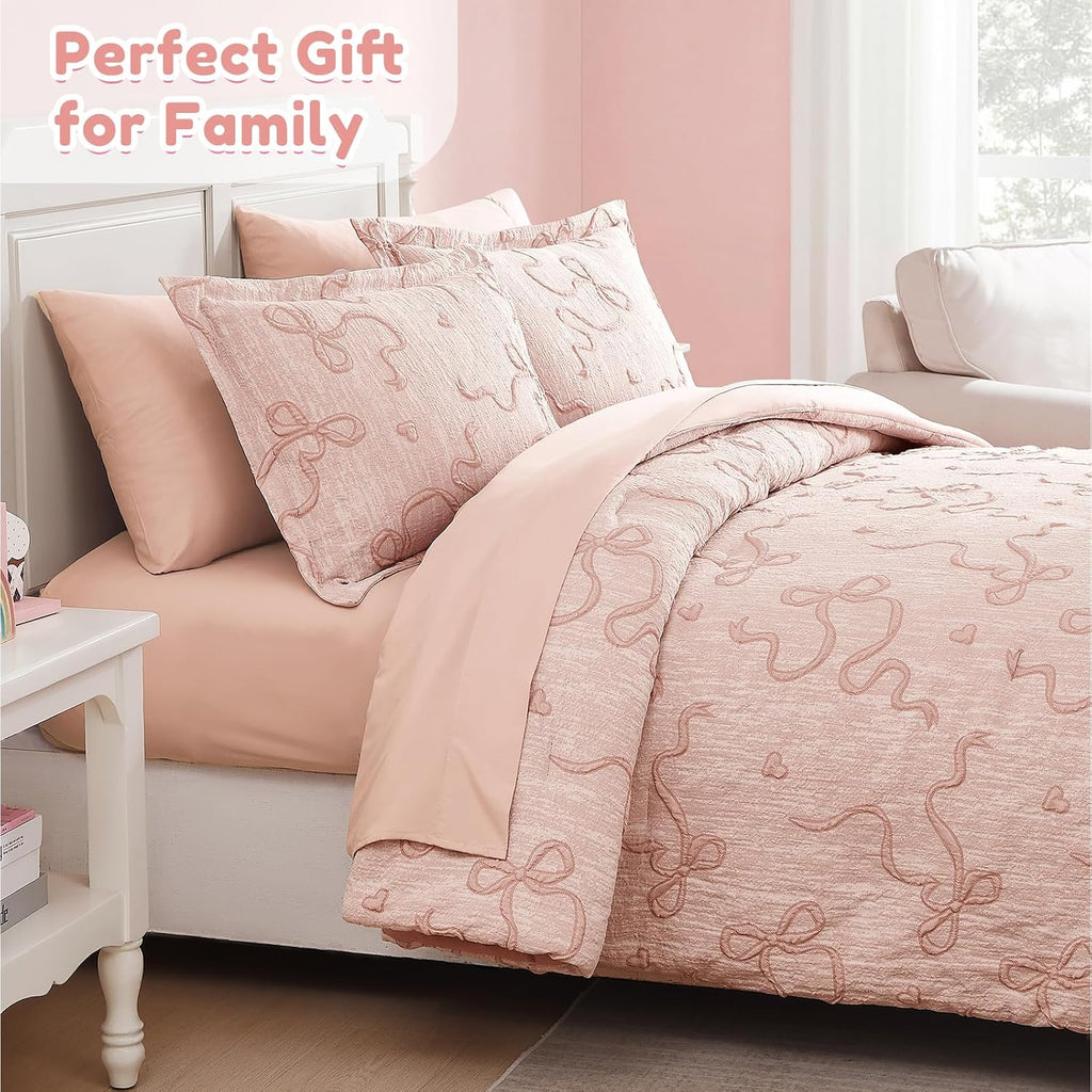 Full Size Comforter Sets for Girls - 7 Pieces Bow Bedding Set Bed in a Bag