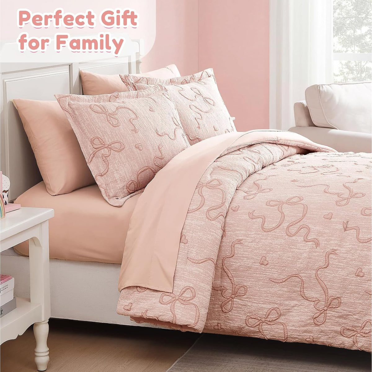 Full Size Comforter Sets for Girls - 7 Pieces Bow Bedding Set Bed in a Bag