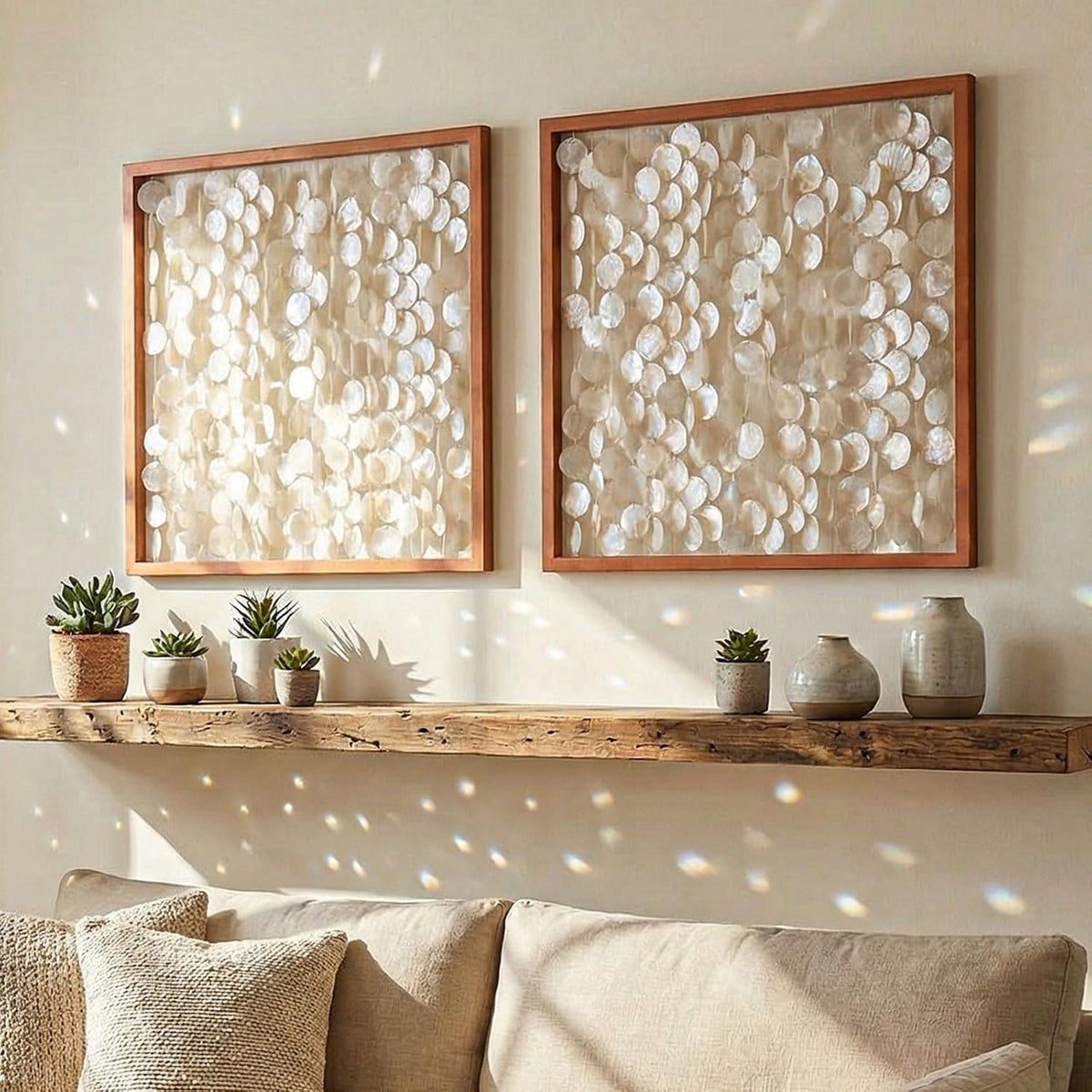 Yerliker 2 Pcs 24"x24" Capiz Shell Wall Decor, Framed Seashell Wall Art