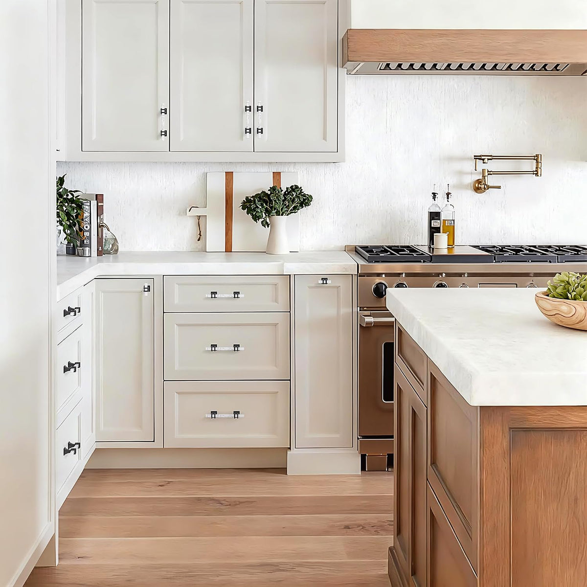 Haliwu 10 Pack White Marble Cabinet Knobs T-bar Solid Black Kitchen Handles