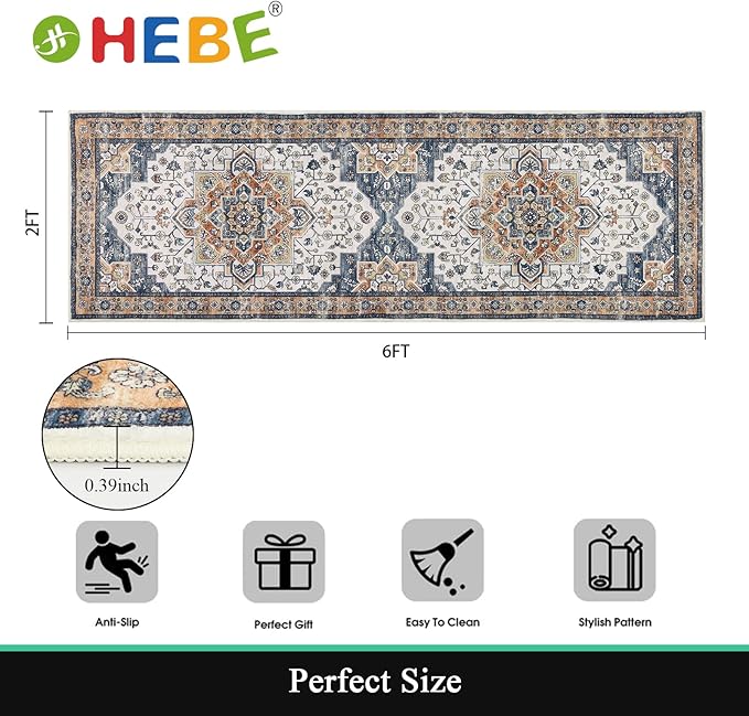 HEBE Hallway Runner Rug 2'x6' Washable Vintage Distressed Area Rugs Non Slip - Image 2