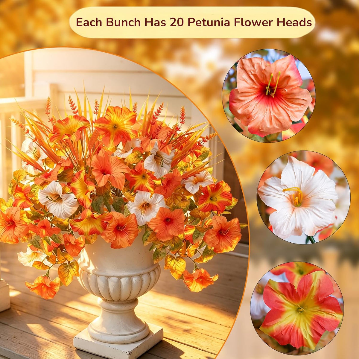 4 Pcs Large Artificial Fall Petunias Flowers with 4 Pcs Monkey Grass