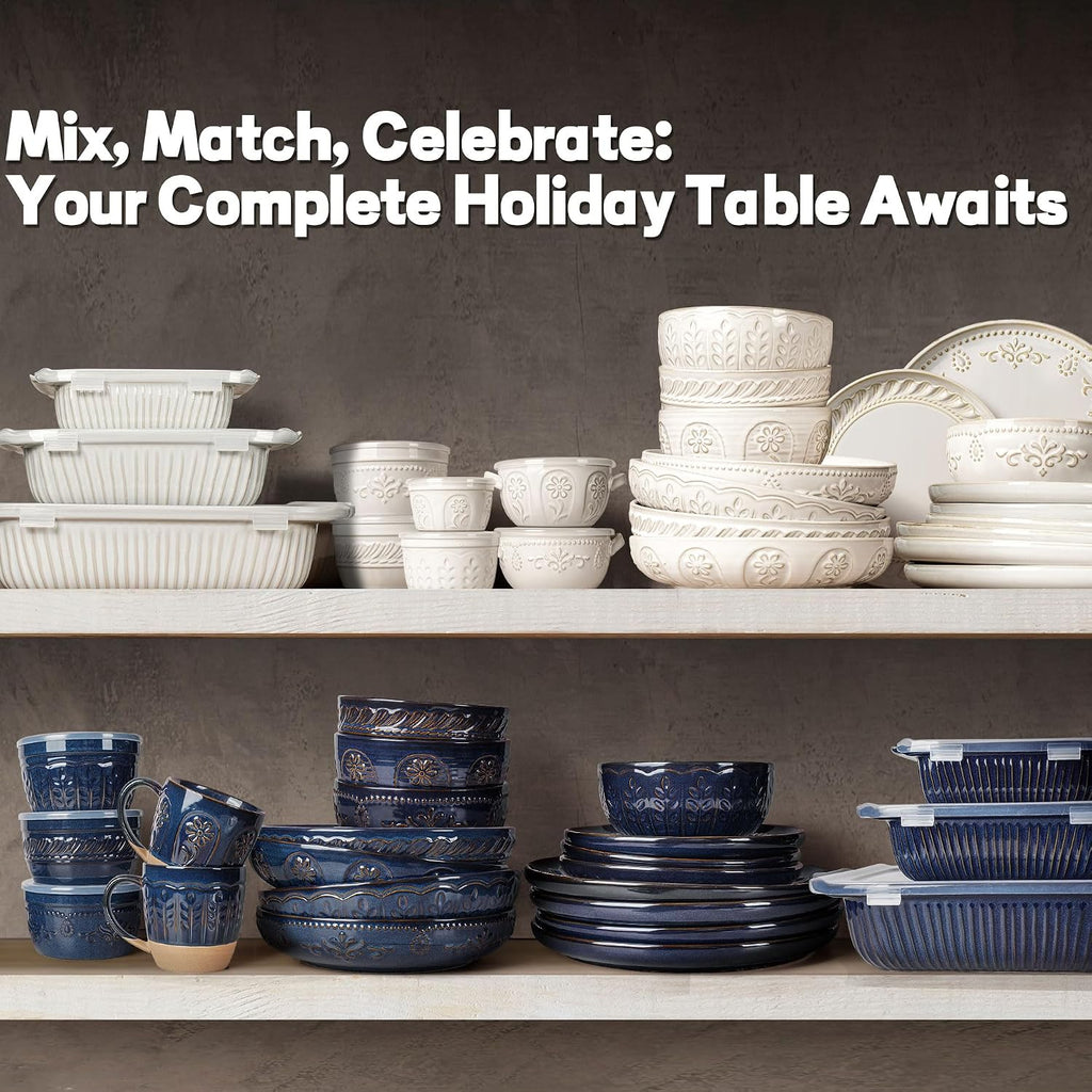Artena 24-Piece Handcrafted Ceramic Dinnerware Set, Service for 6 – Reactive Glaze Embossed Plates, Bowls & Soup Spoons Included, Dishwasher & Microwave Safe, Blue, Damask Floral
