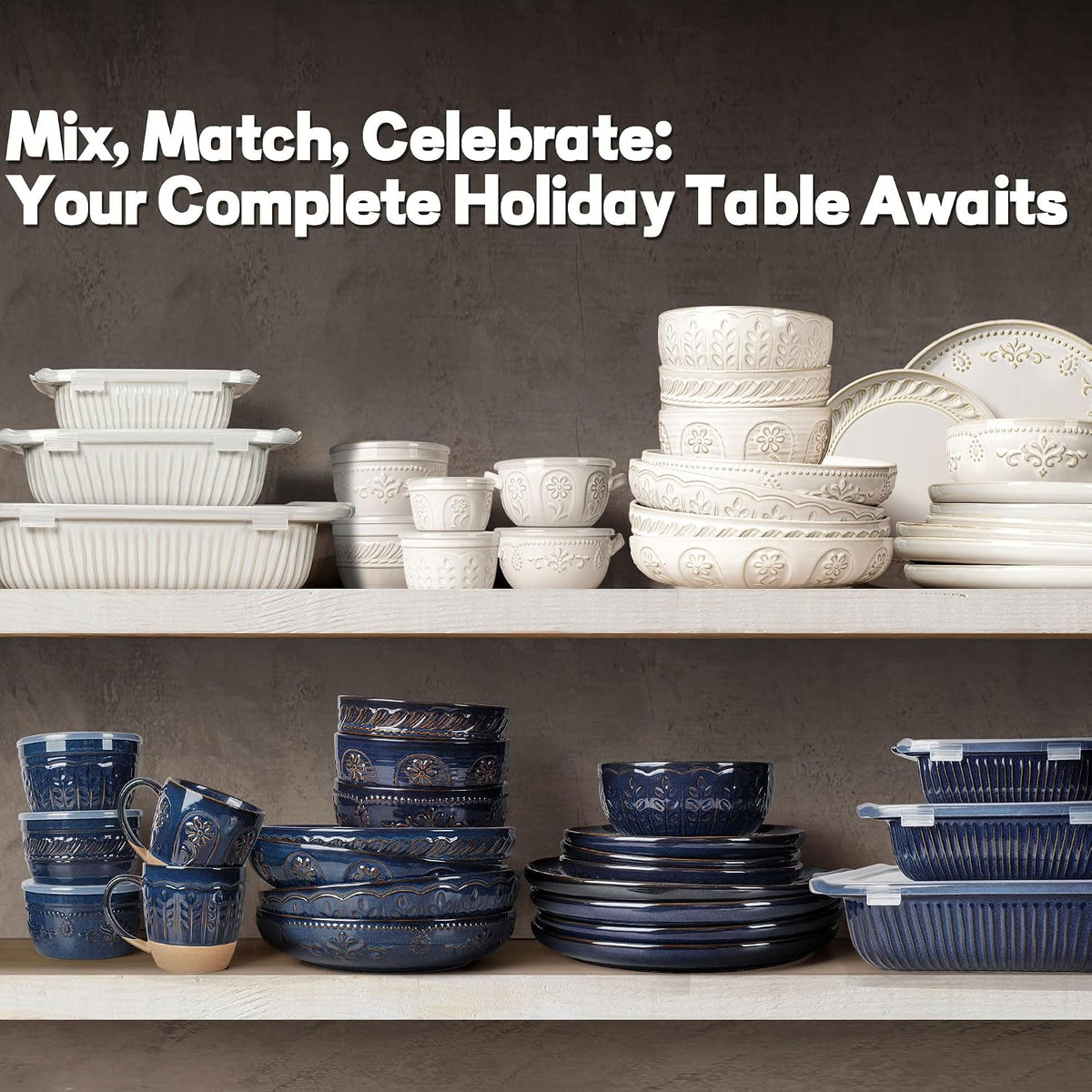 Artena 24-Piece Handcrafted Ceramic Dinnerware Set, Service for 6 – Reactive Glaze Embossed Plates, Bowls & Soup Spoons Included, Dishwasher & Microwave Safe, Blue, Damask Floral