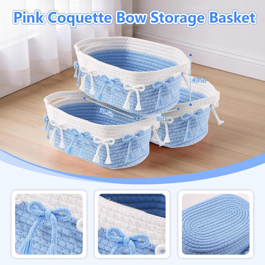 2PC Blue Bow Baskets for Gift Cute Coquette Woven Rope Storage Basket with Handle Laundry Hamper Storage Bins for Home Decor Organization Nursery Baby Shower, 11.8''x7.8''x4.7''