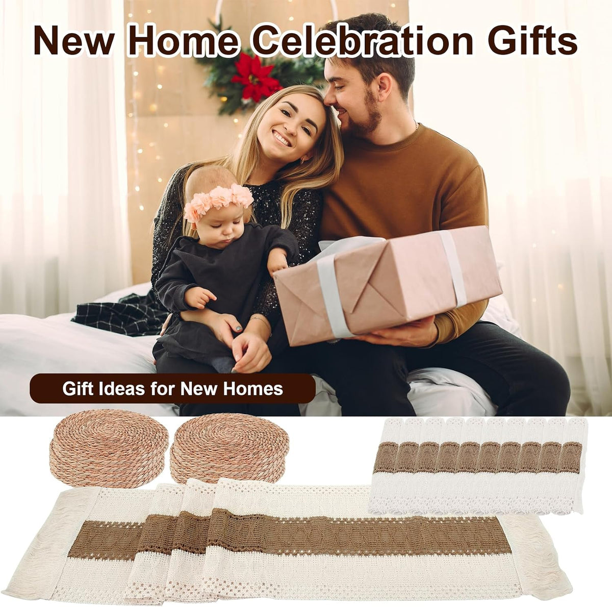 10 Sets Boho Placemats Macrame Style Bicolor Stitching Round Woven Placemats Cotton Burlap Farmhouse Rustic Long Table Runner for Home Kitchen Table Dining (Brown)