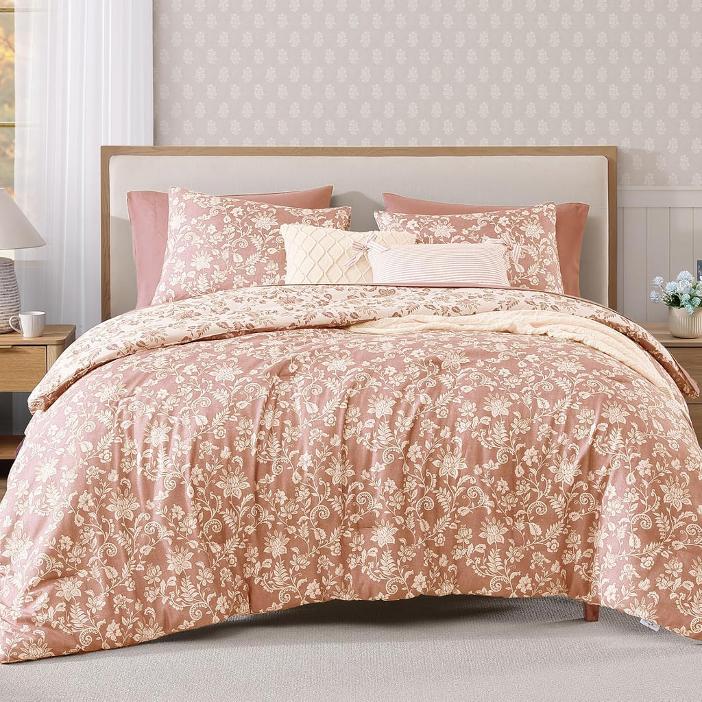 BLOOMHAVEN Queen Comforter Set-7 Pieces Pink Floral Bed in a Bag Queen