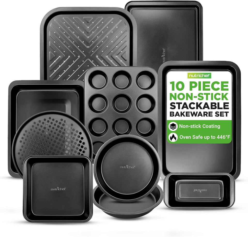10-Piece Nonstick Bakeware Set - PFOA PFOS PTFE Free Food Grade Safe Carbon Steel Baking Tray Set - Oven Safe Up to 446°F, Pizza, Loaf, Muffin, Round/Square Pans, Cookie Sheet, Etc - NutriChef NCBS10S