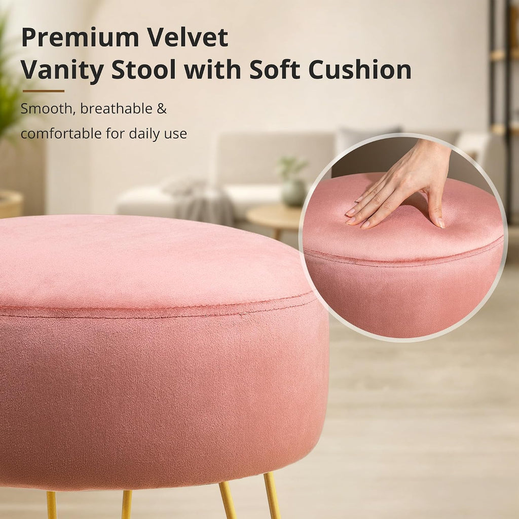 LUE BONA Vanity Stool, Pink Vanity Stools for Makeup Room, Round Ottoman Foot Stool, Velvet Footrest Vanity Chair for Bathroom Vanity, Bedroom, Living Room, Entryway, Offices, 300lbs