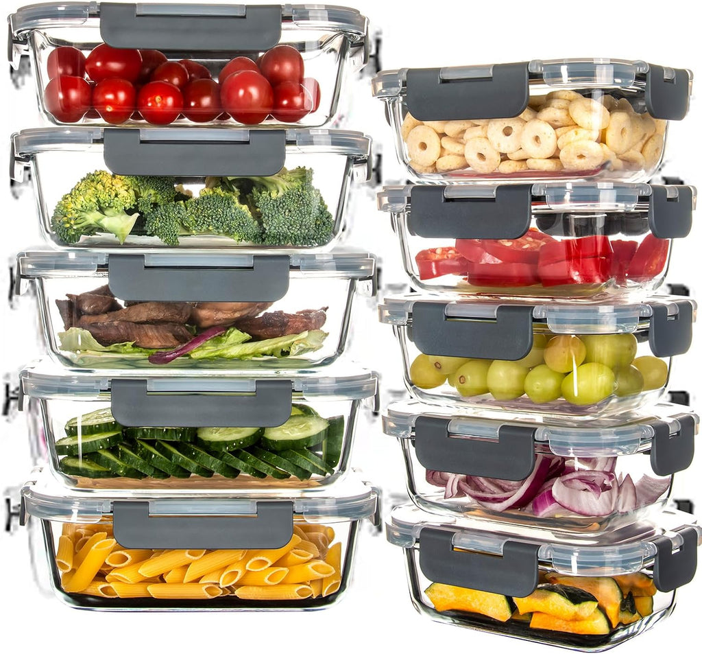 UMEIED 10 Pack Glass Food Storage Containers with Lids for Lunch, On-the-Go, Leftovers, Pantry Organization