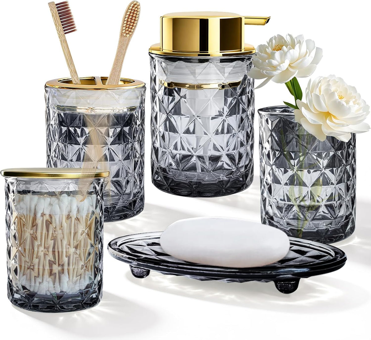 5 Piece Glass Bathroom Accessories Set, Black & Gold Vanity Countertop Set