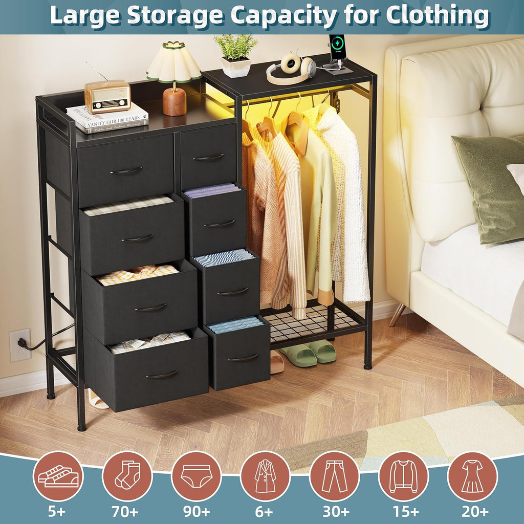 HIGDBFE 8-Drawer Dresser with Hanging Rack for Bedroom, Black, 11.8" D