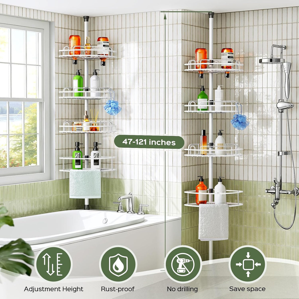HAMITOR Rustproof Bathtub Corner Shelf, 4-Tier Shower Caddy Tension Pole