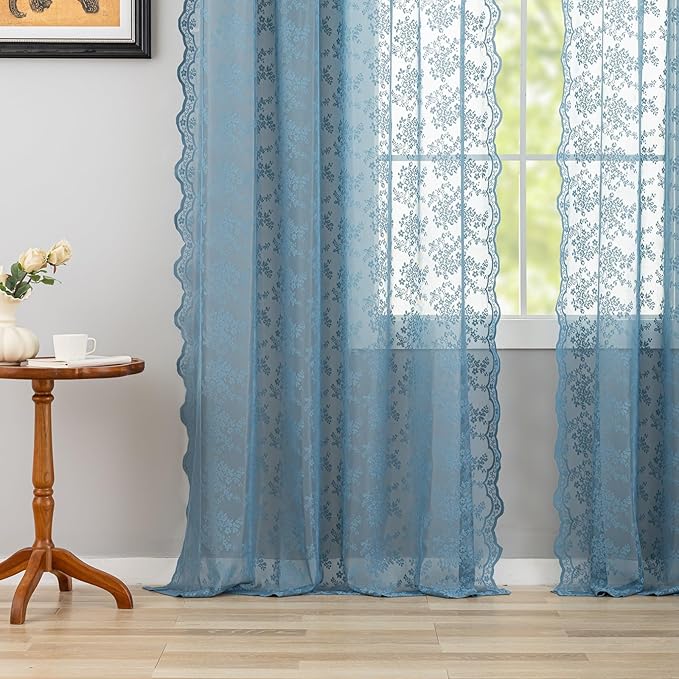 YJ YANJUN Vintage Lace Curtains 84 Inch Length-Dusty Blue Floral Sheer Curtains - Image 4