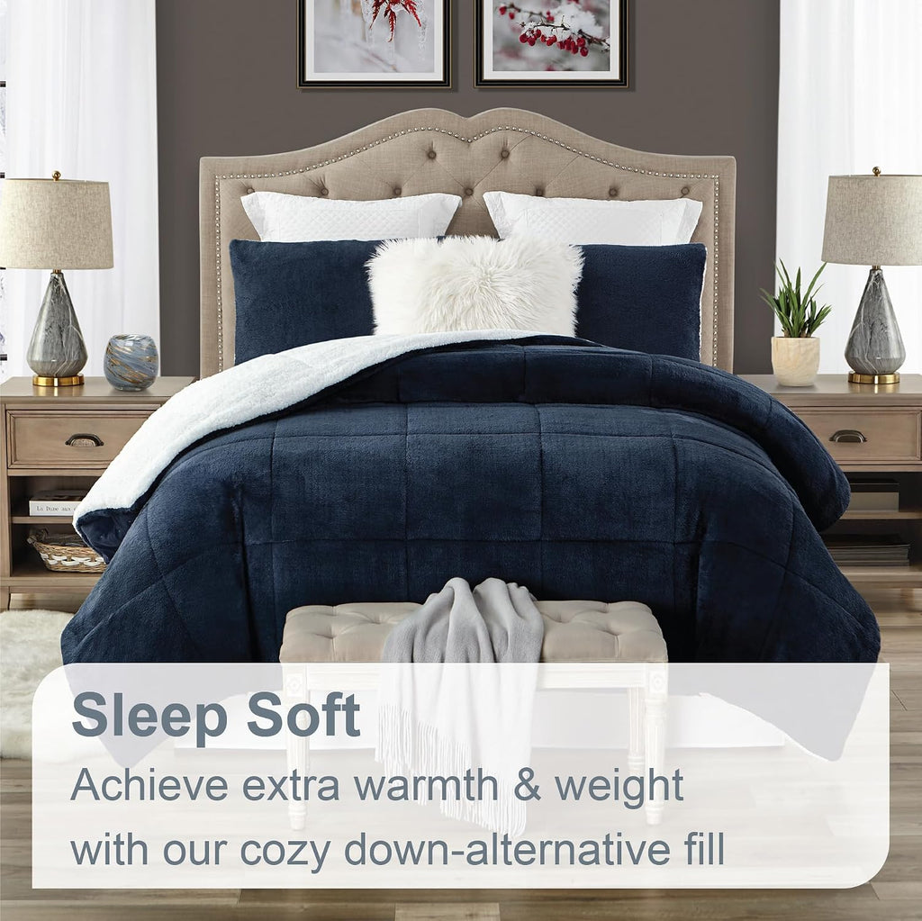 Swift Home Full/Queen Comforter Set, Reversible Faux Fur Sherpa, Navy