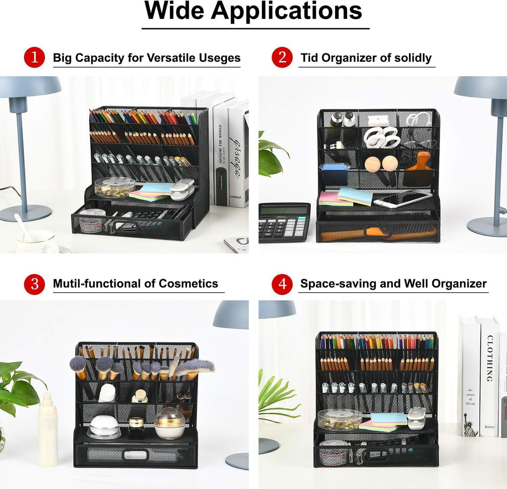 Marbrasse Mesh Pen Holder for Desk, Multi-Functional Pencil Organizer with Drawer, Desk Organizers and Accessories for Office Art Supplies (Large Black)