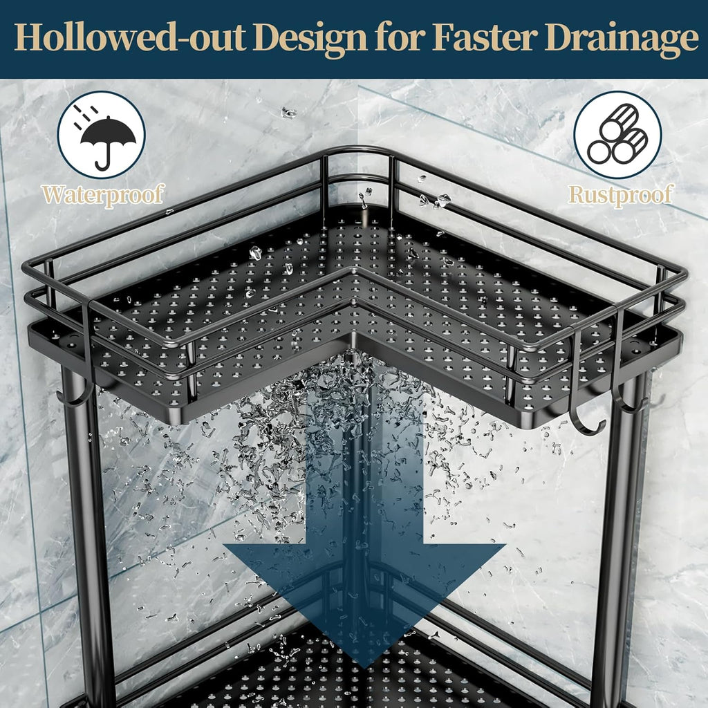 Corner Shower Caddy Standing - 4-Tier Stainless Steel Shower Organizer with Soap Holder and 4 Hooks, Large Capacity Corner Shelf Stand for Bathroom, Rest Room, Black