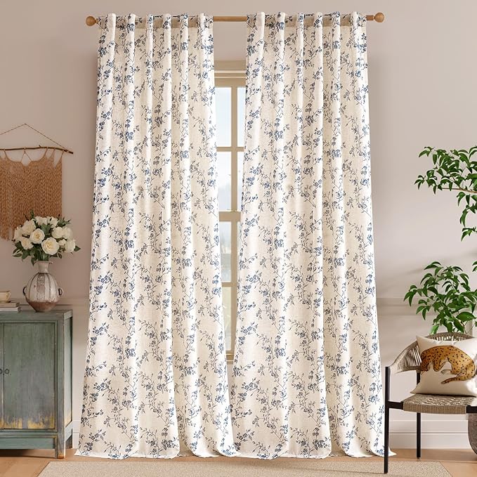 Lazzzy Farmhouse Linen Curtains Extra Long Blue Floral Curtains 108 Inch Long - Image 2