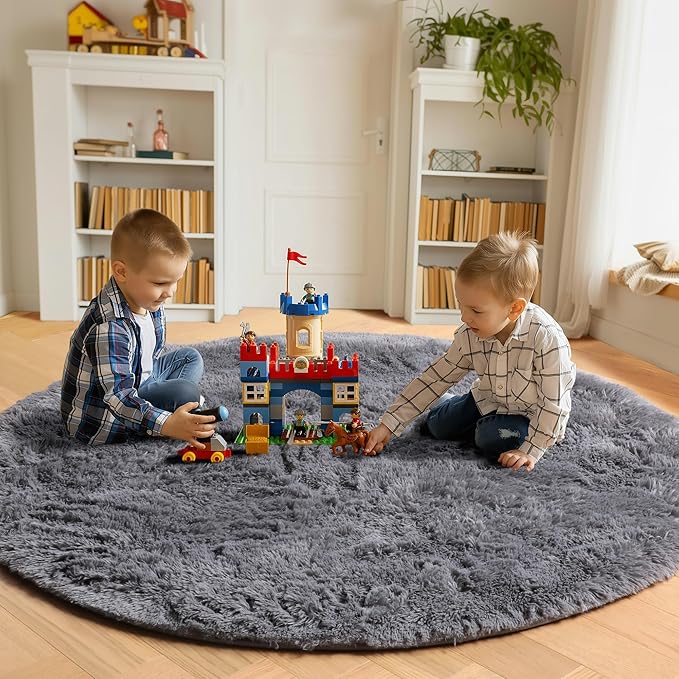 ONASAR Grey Round Area Rugs 5ft, Fluffy Plush Shaggy Carpet - Image 3