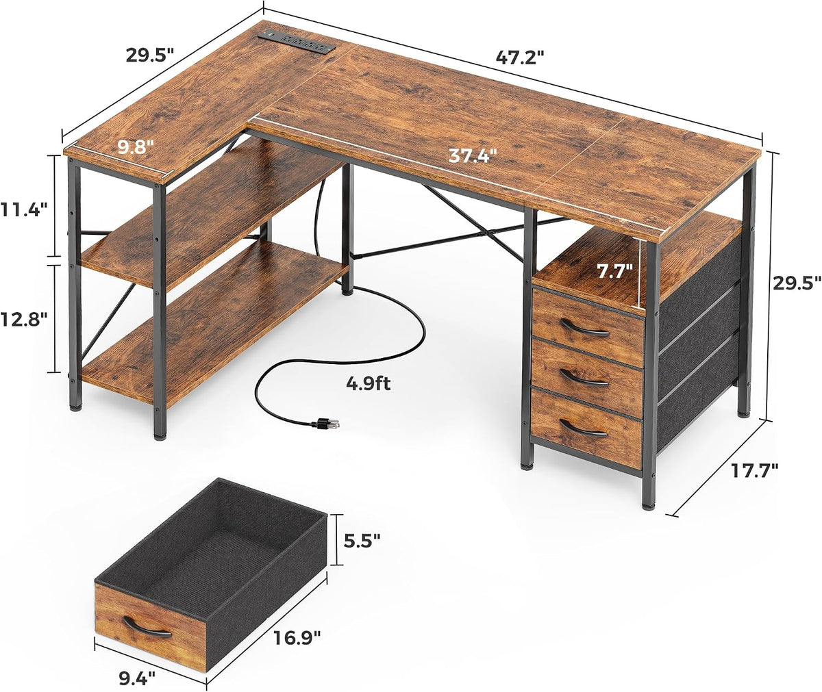 Huuger L Shaped Office Desk with Power Outlets & 3 Drawers