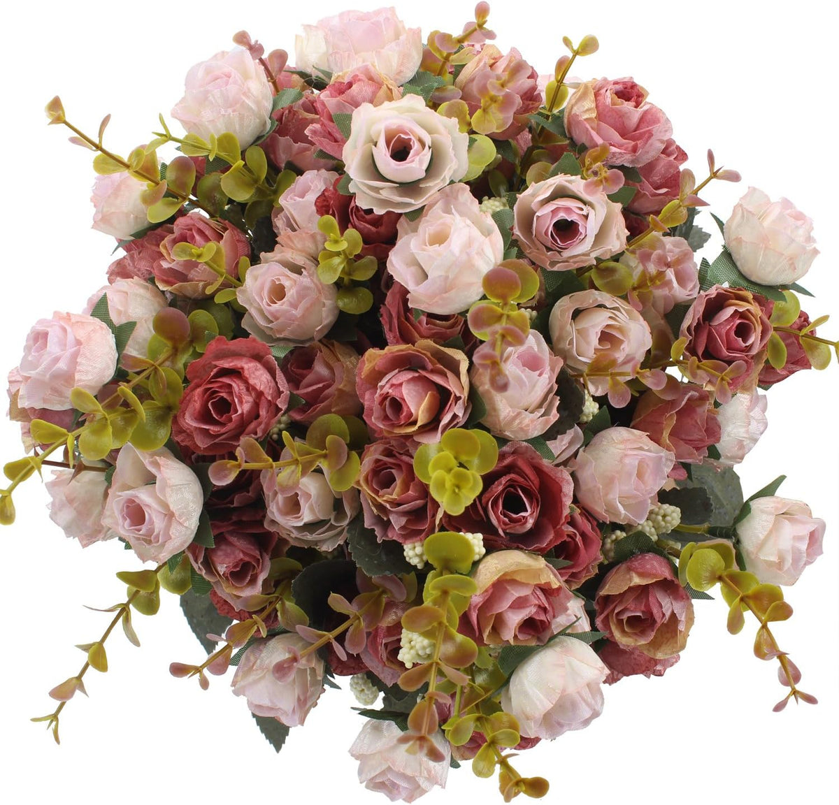 Duovlo 7 Branch 21 Mini Rose Heads Artificial Flowers Bouquet Wedding Home Office Decor,Pack of 2 (2 PCS Pink)