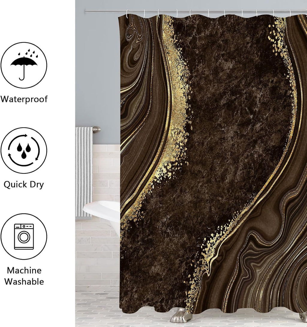 4 Pcs Luxury Marble Shower Curtain Set with Non-Slip Rugs, Toilet Lid Cover and Bath Mat, Gold Foil Brown Bathroom Decor Set with Shower Curtain and Rugs and Accessories