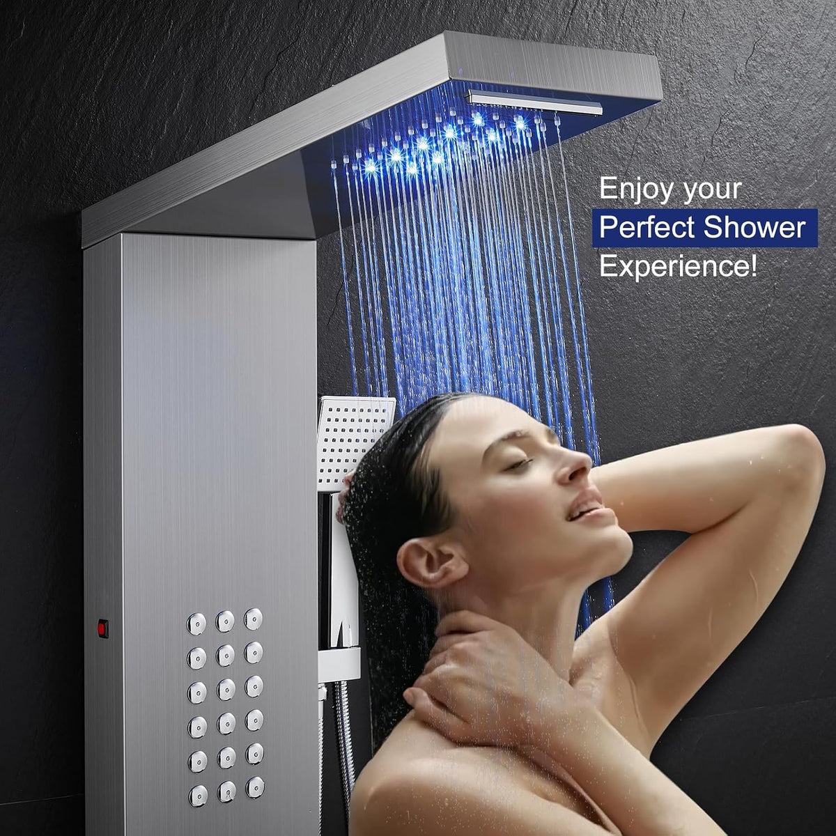 ROVATE 5 in 1 Shower Panel Tower System with LED Lights, Brushed