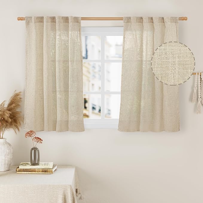 LAMIT Linen Curtains 40 Inch Length 2 Panels, Semi Sheer Light Filtering Panels by LAMIT