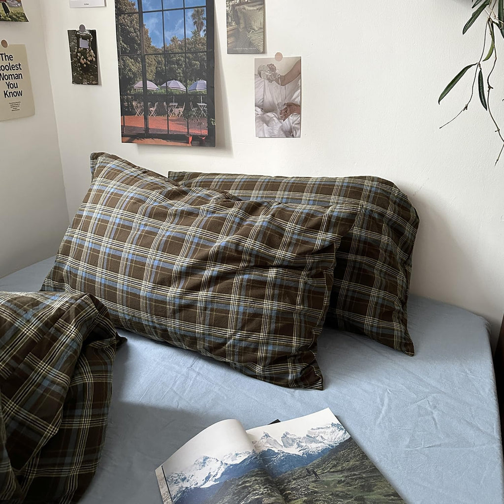 MKXI Full Size Blue, Brown & Green Buffalo Plaid Duvet Cover Set - 3 Piece Vintage Aesthetic Bedding Set, 100% Washed Cotton, Minimalist Design, Soft & Breathable Duvet Cover with Zipper Closure