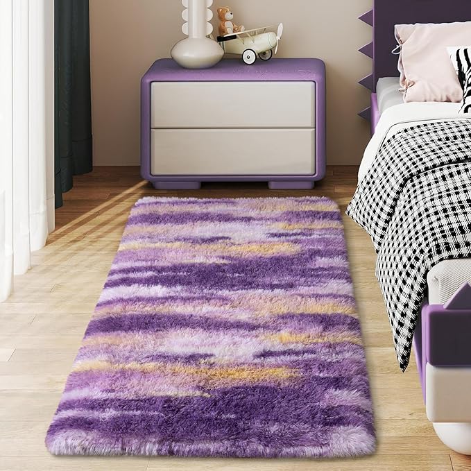 Soft Runner Rugs for Bedroom Hallways, 2x4 Abstract Purple Fluffy Shag Throw by Ailyei